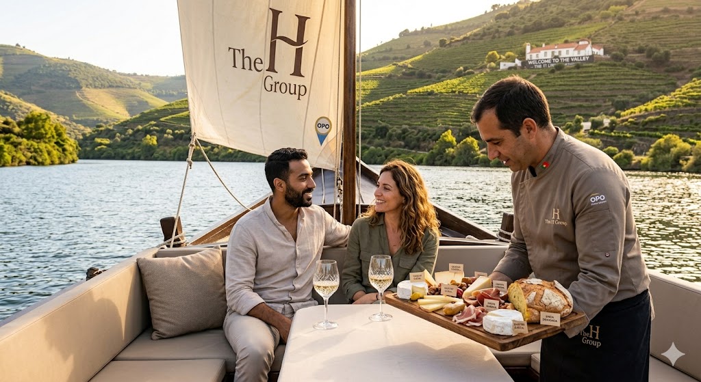 portugal a rabelo boat with lunch of cheese and cured meats