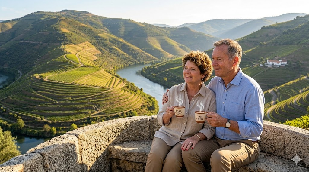 portugal leisurely morning for a final coffee overlooking the terraces. in Douro valley