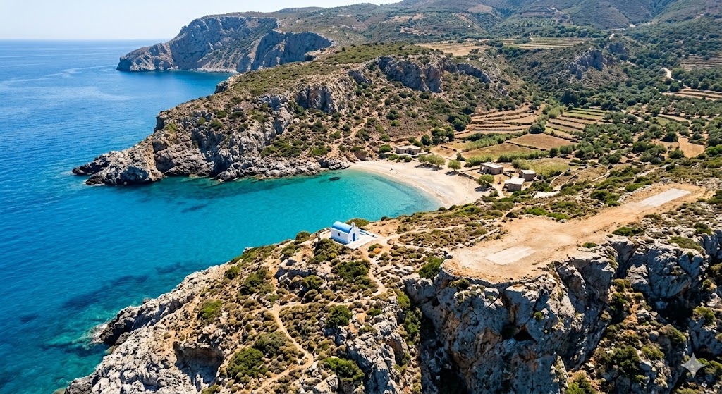 ryan air A bird's-eye view of a sun-drenched European coastline, suggesting a remote, hard-to-reach destination for ryan air