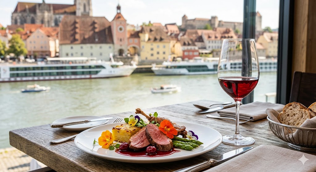 scenic beautifully plated gourmet dish featuring local European ingredients and a perfectly paired glass of wine.