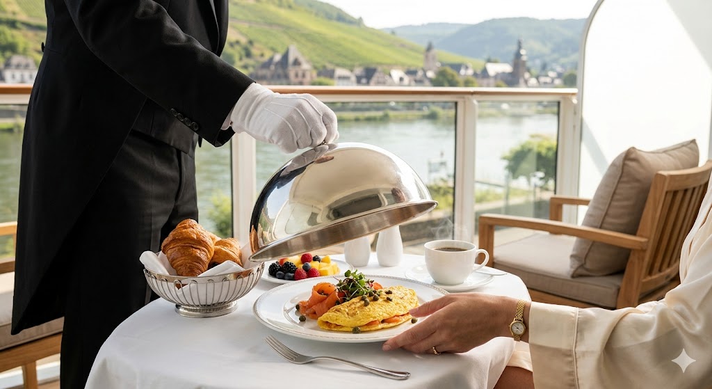 scenic image of a butler serving a gourmet breakfast to a guest on a private sun lounge balcony
