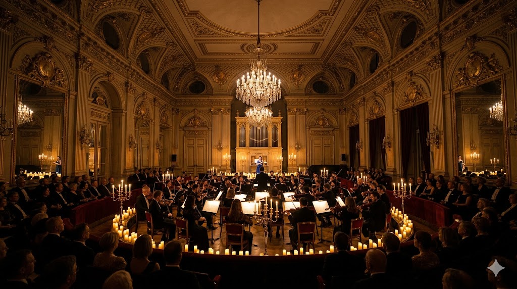 scenic stunning wide shot of a candlelit orchestral performance inside a grand, gilded European ballroom.