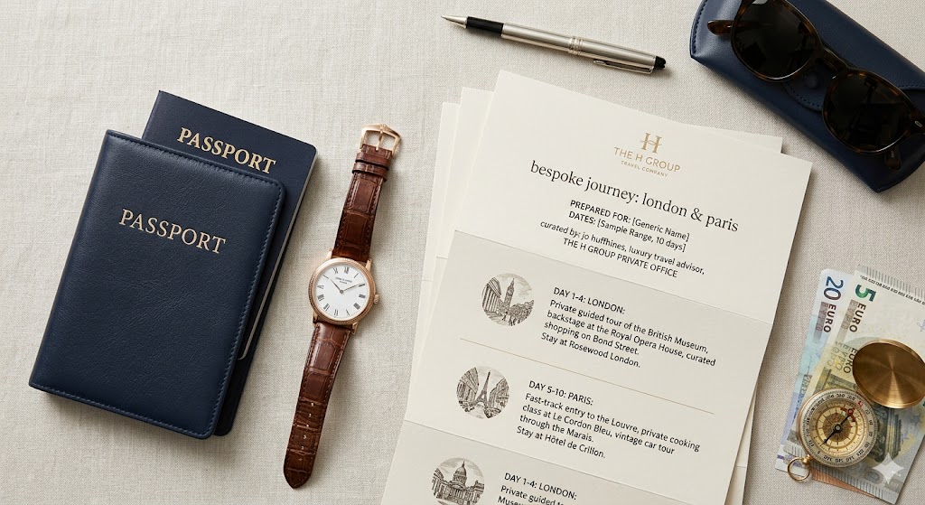 travel agent flat-lay of a luxury passport cover, a designer watch, and a high-end travel itinerary printed on heavy cardstock