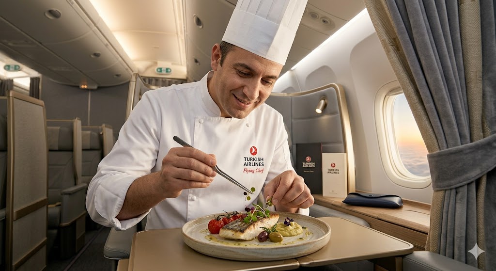 turkish airways A professional chef in a white toque plating a gourmet Mediterranean dish on an aircraft, lit with warm, ambient light.