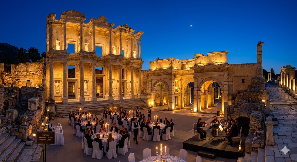 windstar An illuminated evening view of the ancient Library of Celsus in Kusadasi, with beautifully set tables and a string trio performing for guests.