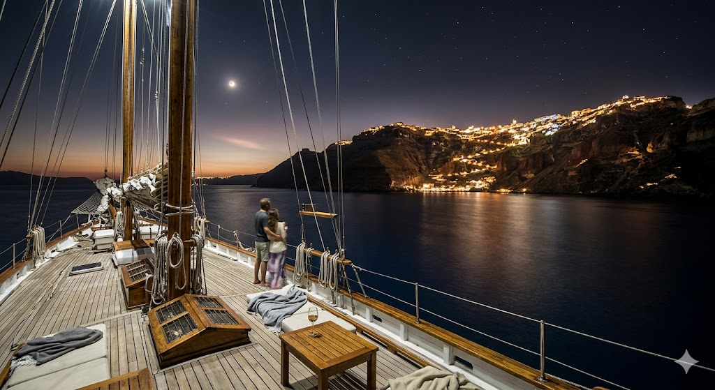 windstar The dramatic volcanic cliffs of Santorini illuminated at night, viewed from the open teak deck of a sailing ship.