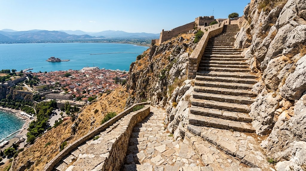windstar The stone steps leading up to Palamidi Castle in Nafplio, overlooking the sweeping panoramic views of the Argolic Gulf.