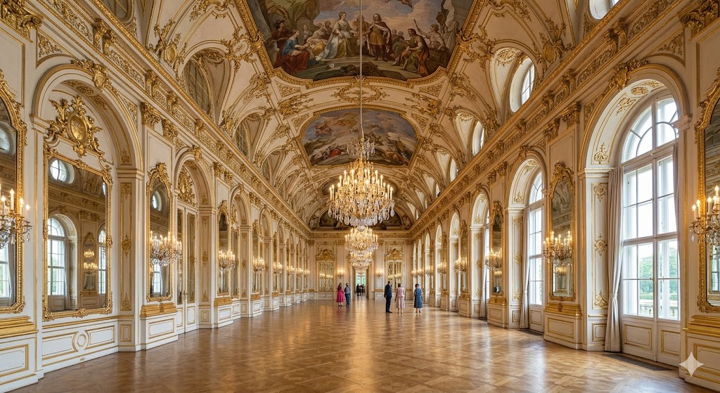 A grand, uncrowded hall in Vienna's Schönbrunn Palace with opulent architectural details clearly visible.