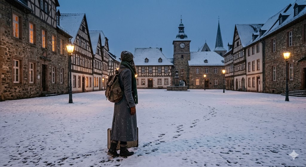 A lone traveler in an elegant winter coat standing in an empty, snow-dusted historic European square.