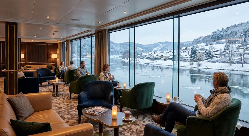 A plush lounge on a river cruise ship with floor-to-ceiling glass windows looking out at a crisp winter landscape.