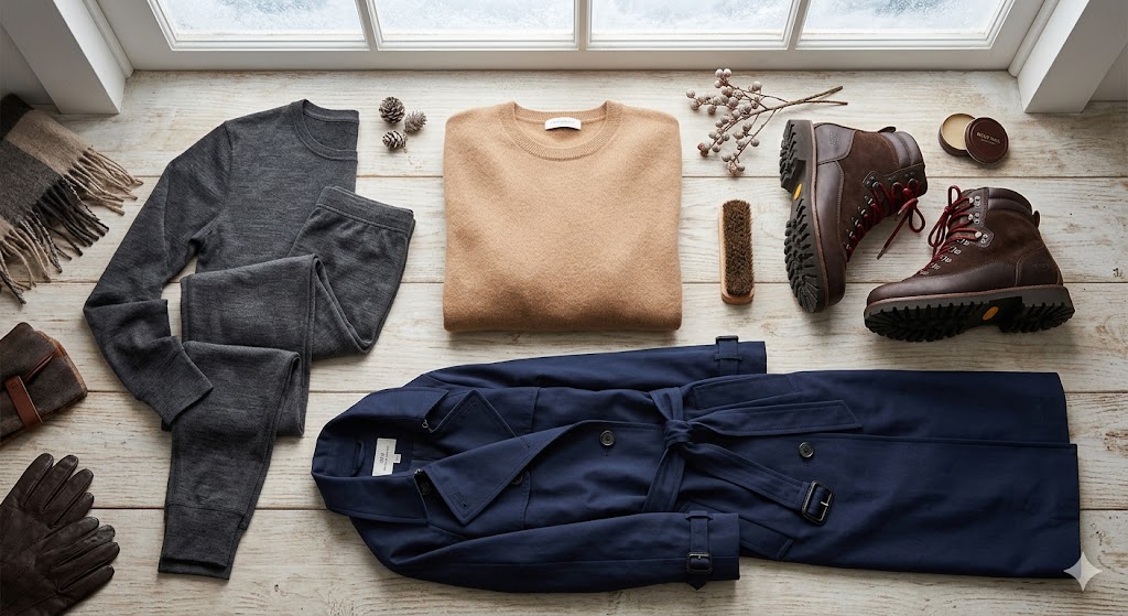 A stylish flat lay of luxury winter wardrobe essentials a cashmere sweater, fine merino wool base layers, a tailored trench coat, and stylish waterproof walking boots.
