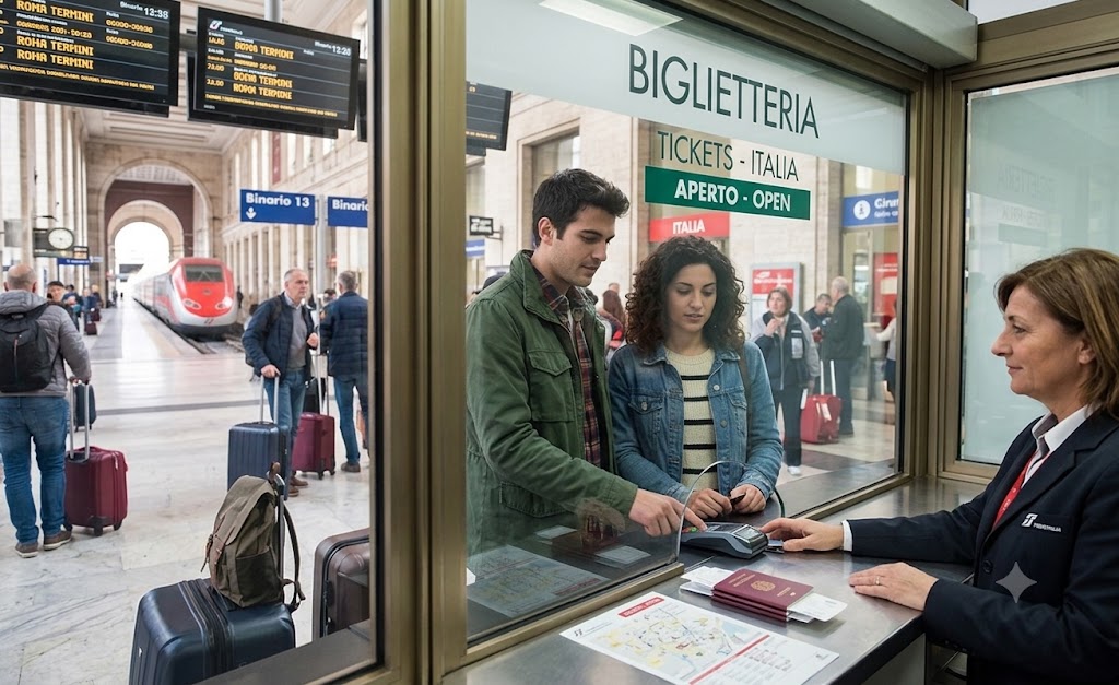 couple at train station window