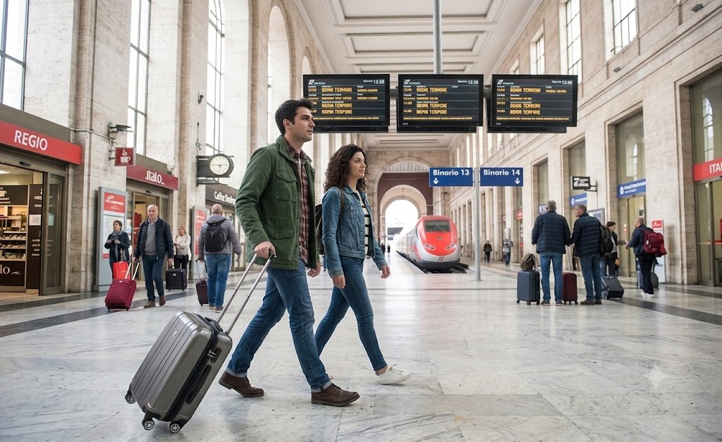 couple in train station in europe