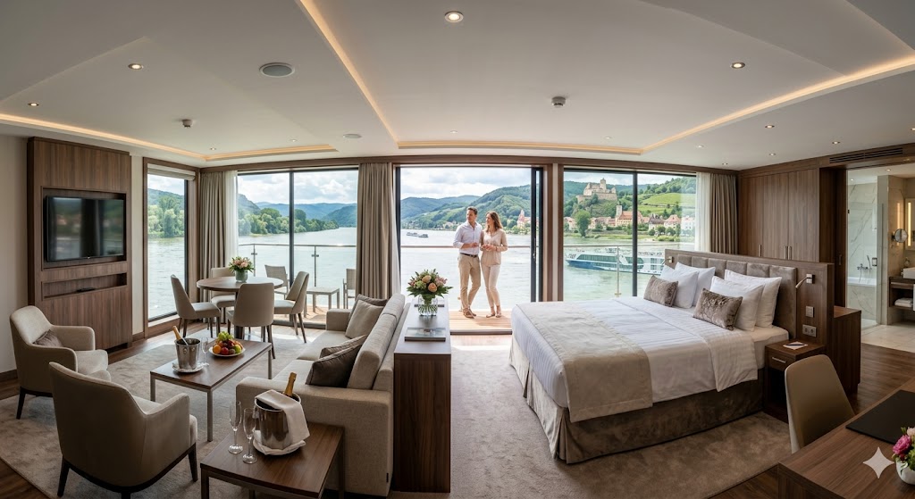 winter luxury A sprawling Owner's Suite on a luxury river cruise ship with panoramic views.