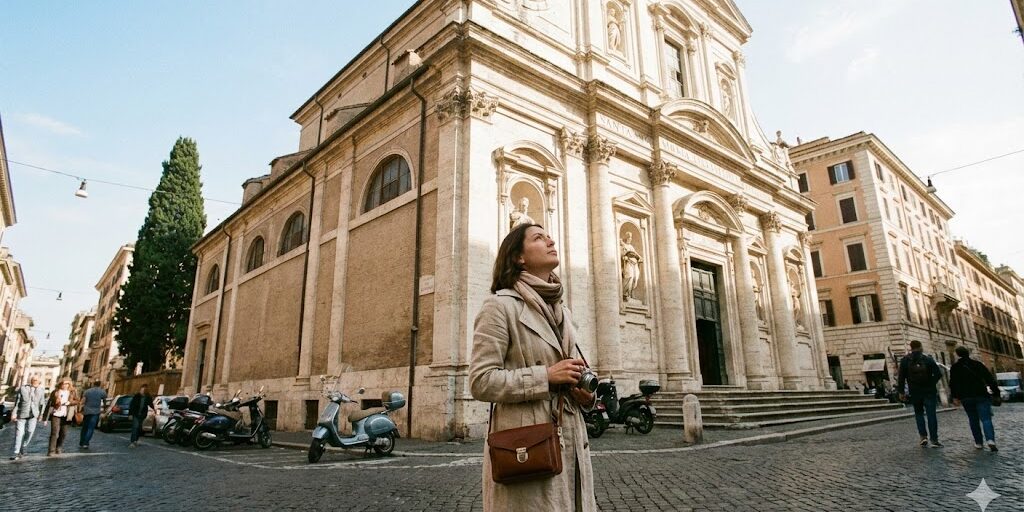 italy rome, woman outside of Santa Maria della Vittoria
