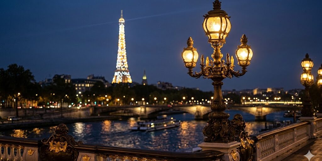 paris ornate gold-leafed lamps of the Pont Alexandre III, with the Eiffel Tower sparkling in the soft-focus background across the Seine.