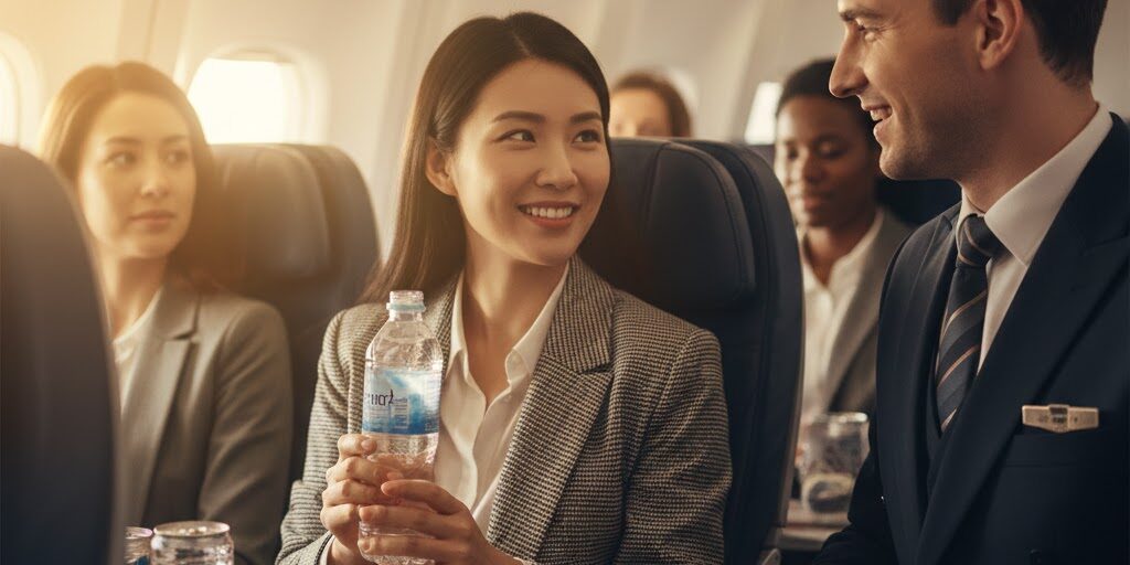 women on plane with bottle of water